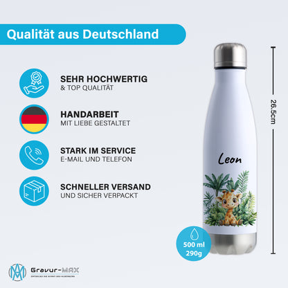 Trinkflasche in Weiß/Silber 500ml aus Edelstahl bedruckt mit Dschungel Tieren"Giraffe" personalisierbar für Kinder mit Wunschname