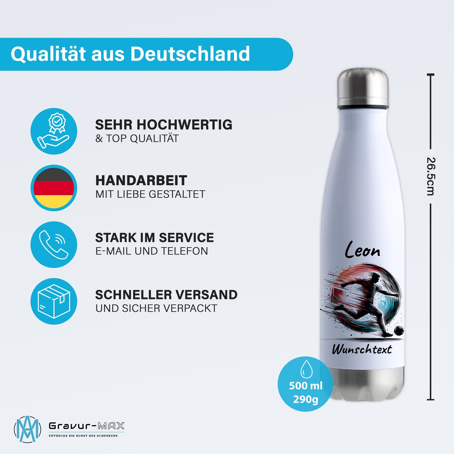 Thermoflasche 500ml in Weiß/Silber aus Edelstahl bedruckt "Fußball" Motiv3 personalisierbar mit Wunschname & Text