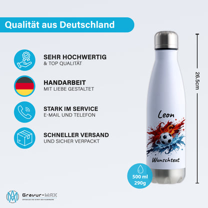 Thermoflasche 500ml in Weiß/Silber aus Edelstahl bedruckt "Fußball" Motiv12 personalisierbar mit Wunschname & Text