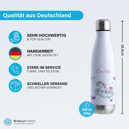 Thermoflasche 500ml in Weiß/Silber bedruckt mit tollen Motiven für Kinder "Einhorn Wolke" personalisierbar mit Wunschname