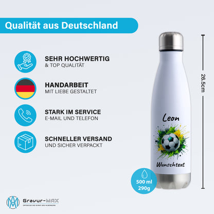 Thermoflasche 500ml in Weiß/Silber aus Edelstahl bedruckt "Fußball" Motiv11 personalisierbar mit Wunschname & Text