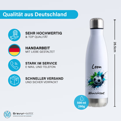 Thermoflasche 500ml in Weiß/Silber aus Edelstahl bedruckt "Fußball" Motiv8 personalisierbar mit Wunschname & Text