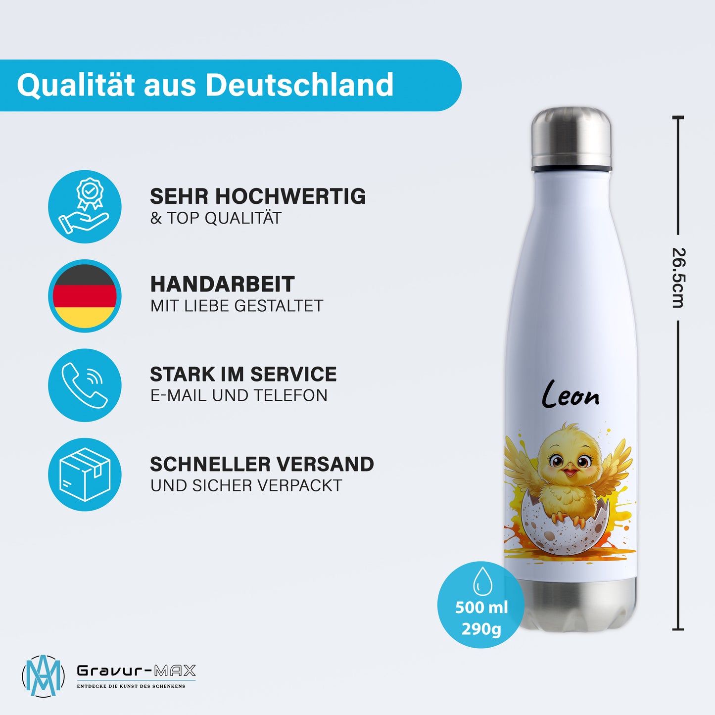 Trinkflasche in Weiß/Silber 500ml aus Edelstahl bedruckt mit niedlichen Tieren "Küken" personalisierbar für Kinder mit Wunschname