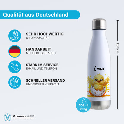 Trinkflasche in Weiß/Silber 500ml aus Edelstahl bedruckt mit niedlichen Tieren "Küken" personalisierbar für Kinder mit Wunschname