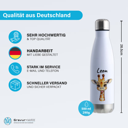 Trinkflasche in Weiß/Silber 500ml aus Edelstahl bedruckt mit niedlichen Tieren "Giraffe" personalisierbar für Kinder mit Wunschname
