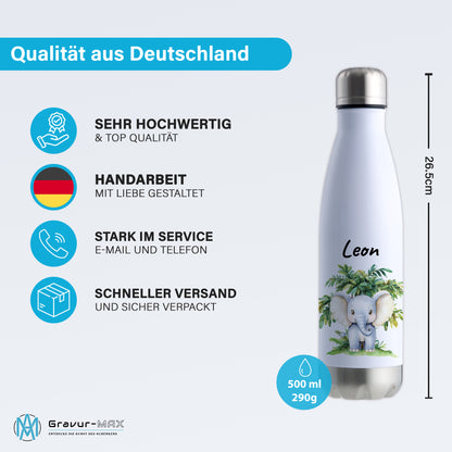 Trinkflasche in Weiß/Silber 500ml aus Edelstahl bedruckt mit Dschungel Tieren"Elefant" personalisierbar für Kinder mit Wunschname