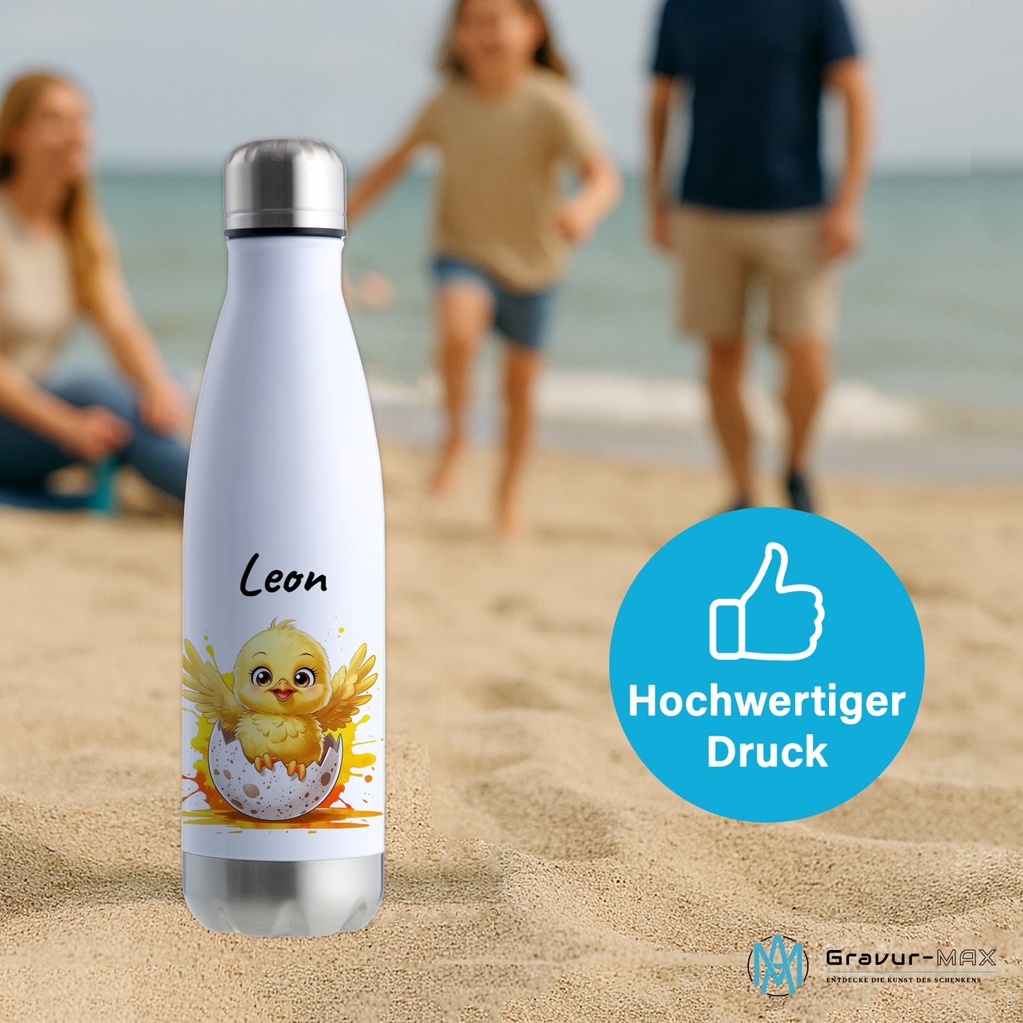 Trinkflasche in Weiß/Silber 500ml aus Edelstahl bedruckt mit niedlichen Tieren "Küken" personalisierbar für Kinder mit Wunschname