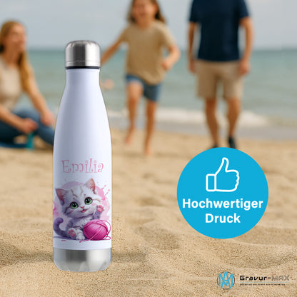 Trinkflasche in Weiß/Silber 500ml aus Edelstahl bedruckt mit niedlichen Tieren "Katze" personalisierbar für Kinder mit Wunschname