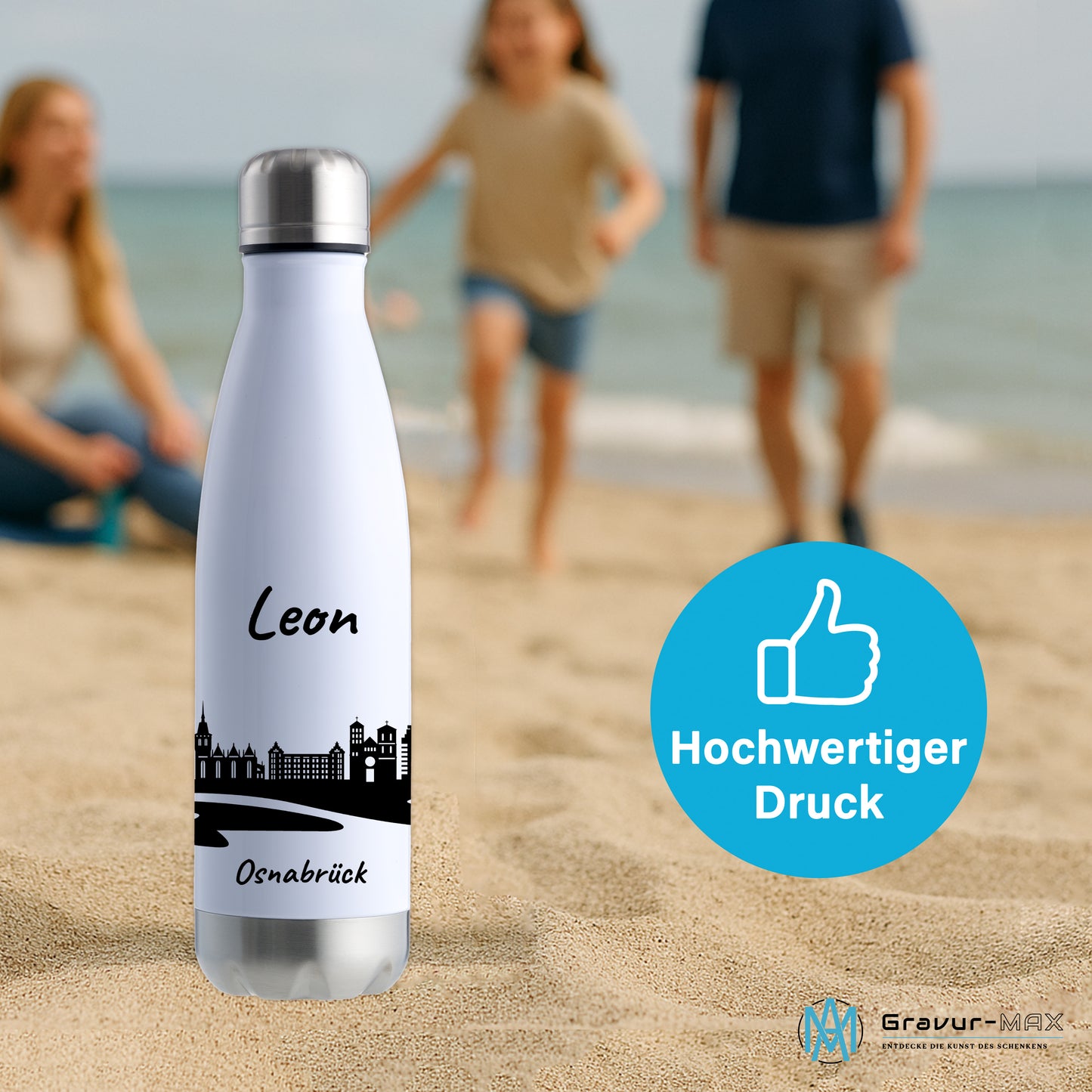 Trinkflasche in Weiß/Silber 500ml aus Edelstahl bedruckt mit der Skyline von Osnabrück personalisierbar mit Wunschname