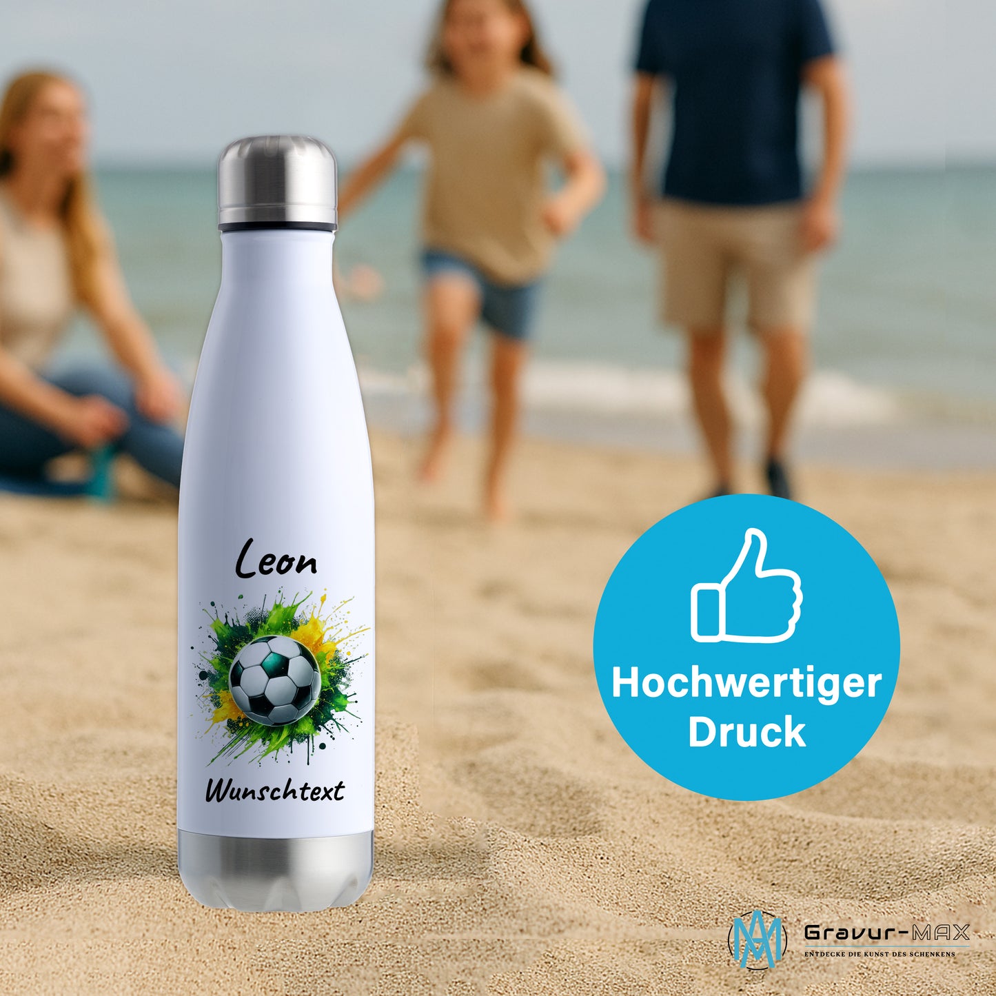 Thermoflasche 500ml in Weiß/Silber aus Edelstahl bedruckt "Fußball" Motiv11 personalisierbar mit Wunschname & Text