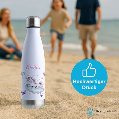 Thermoflasche 500ml in Weiß/Silber bedruckt mit tollen Motiven für Kinder "Einhorn Wolke" personalisierbar mit Wunschname