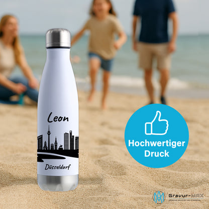 Trinkflasche in Weiß/Silber 500ml aus Edelstahl bedruckt mit der Skyline von Düsseldorf personalisierbar mit Wunschname