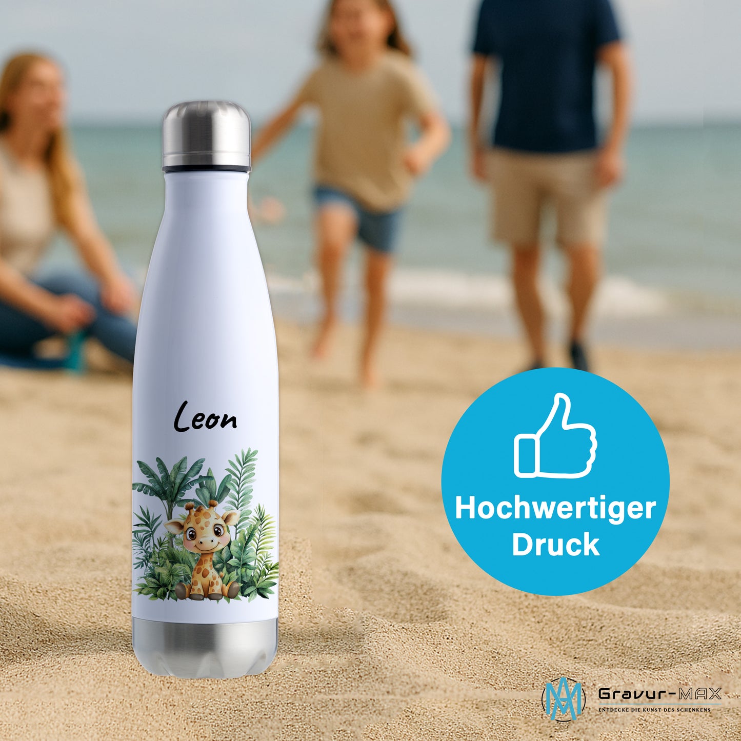 Trinkflasche in Weiß/Silber 500ml aus Edelstahl bedruckt mit Dschungel Tieren"Giraffe" personalisierbar für Kinder mit Wunschname
