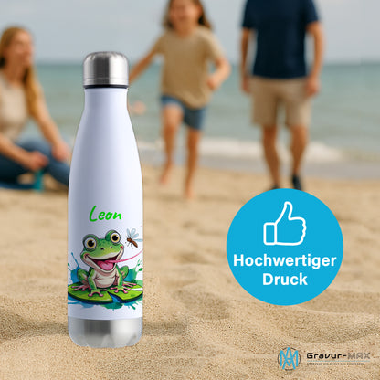 Trinkflasche in Weiß/Silber 500ml aus Edelstahl bedruckt mit niedlichen Tieren "Frosch" personalisierbar für Kinder mit Wunschname