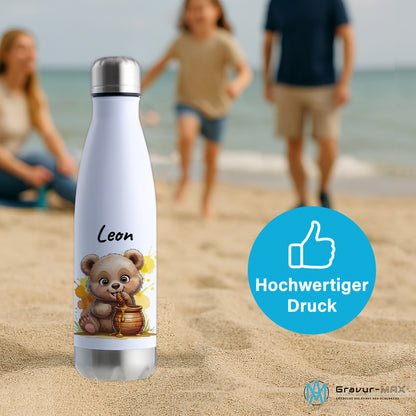 Trinkflasche in Weiß/Silber 500ml aus Edelstahl bedruckt mit niedlichen Tieren "Bär" personalisierbar für Kinder mit Wunschname