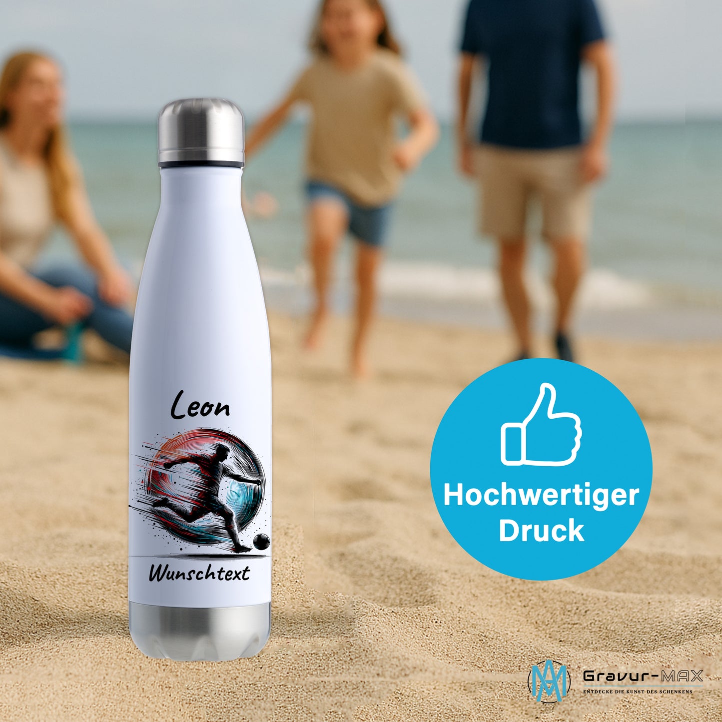 Thermoflasche 500ml in Weiß/Silber aus Edelstahl bedruckt "Fußball" Motiv3 personalisierbar mit Wunschname & Text