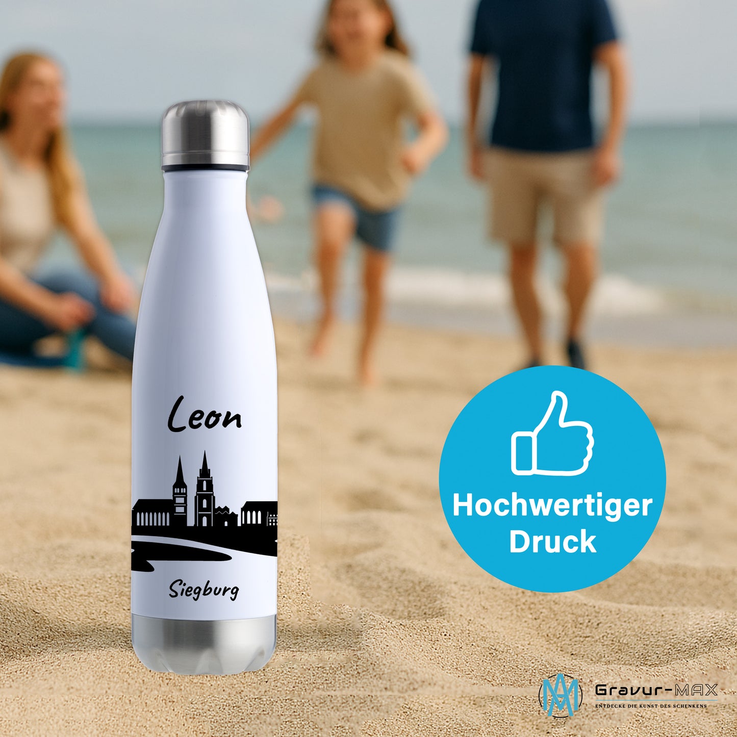 Trinkflasche in Weiß/Silber 500ml aus Edelstahl bedruckt mit der Skyline von Siegburg personalisierbar mit Wunschname