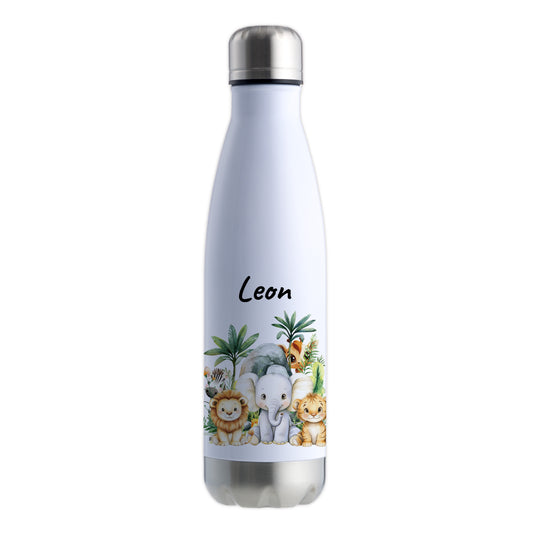 Trinkflasche in Weiß/Silber 500ml aus Edelstahl bedruckt mit Dschungel Tieren"Dschungel Tiere" personalisierbar für Kinder mit Wunschname