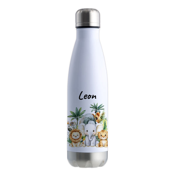 Trinkflasche in Weiß/Silber 500ml aus Edelstahl bedruckt mit Dschungel Tieren "Dschungel Tiere" personalisierbar für Kinder mit Wunschname