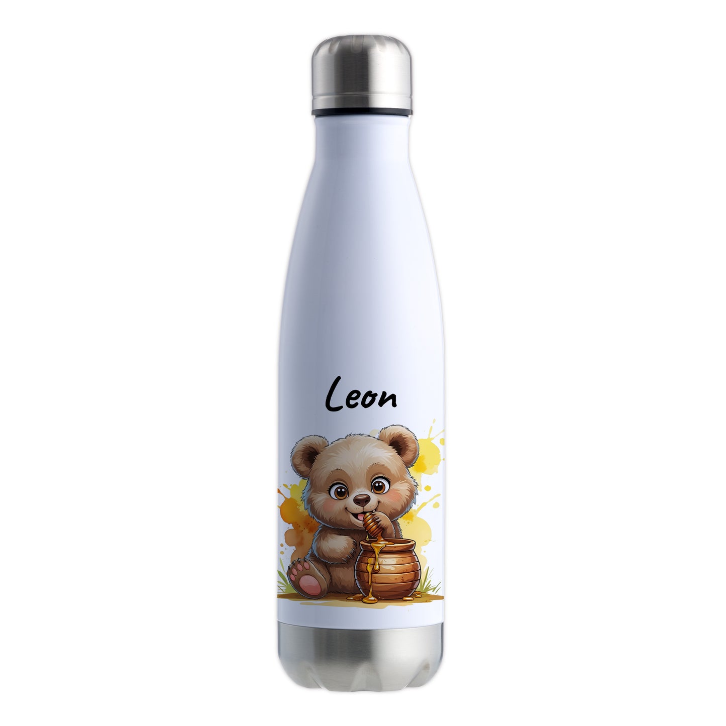 Trinkflasche in Weiß/Silber 500ml aus Edelstahl bedruckt mit niedlichen Tieren "Bär" personalisierbar für Kinder mit Wunschname