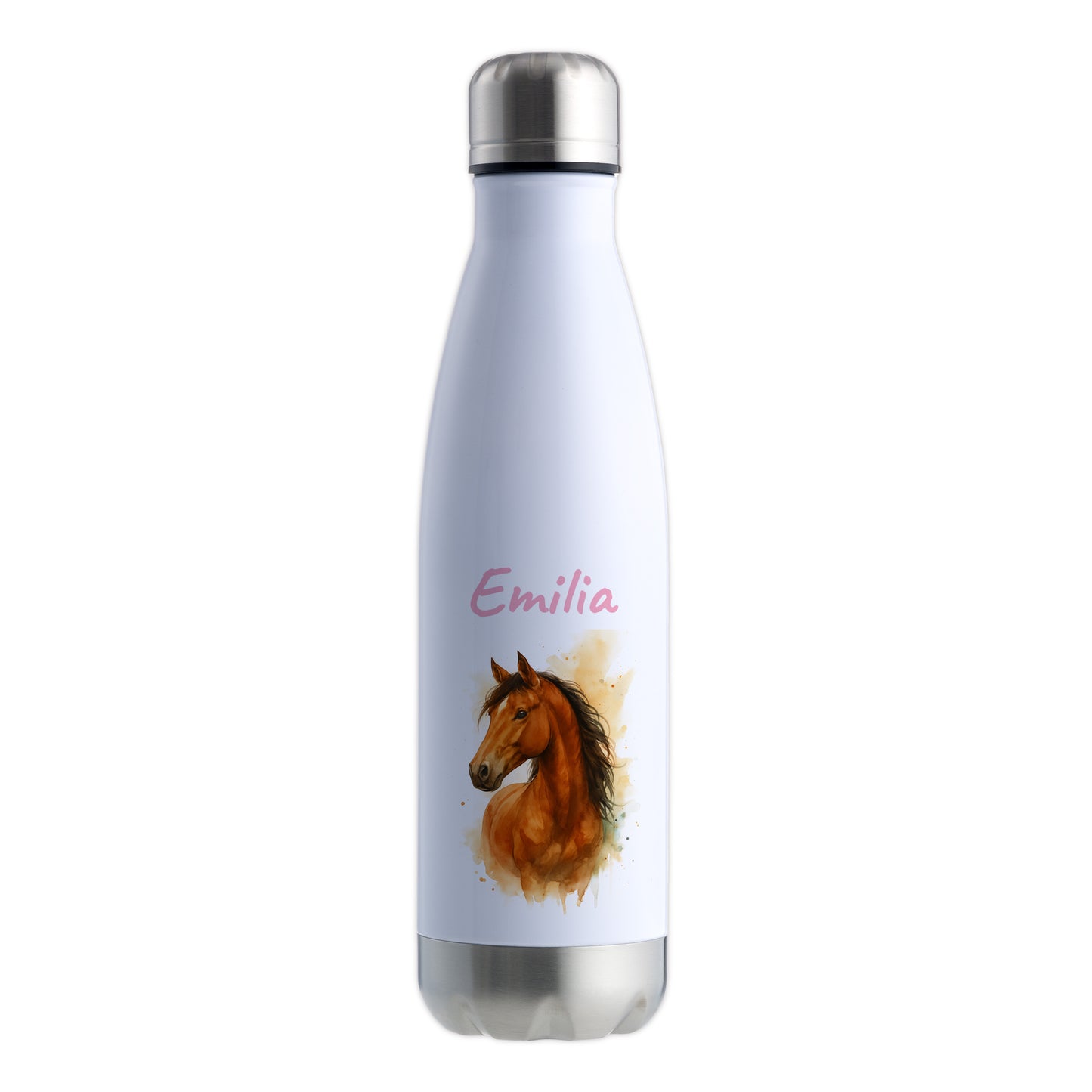 Thermoflasche 500ml in Weiß/Silber bedruckt mit tollen Motiven für Kinder "Pferd" personalisierbar mit Wunschname