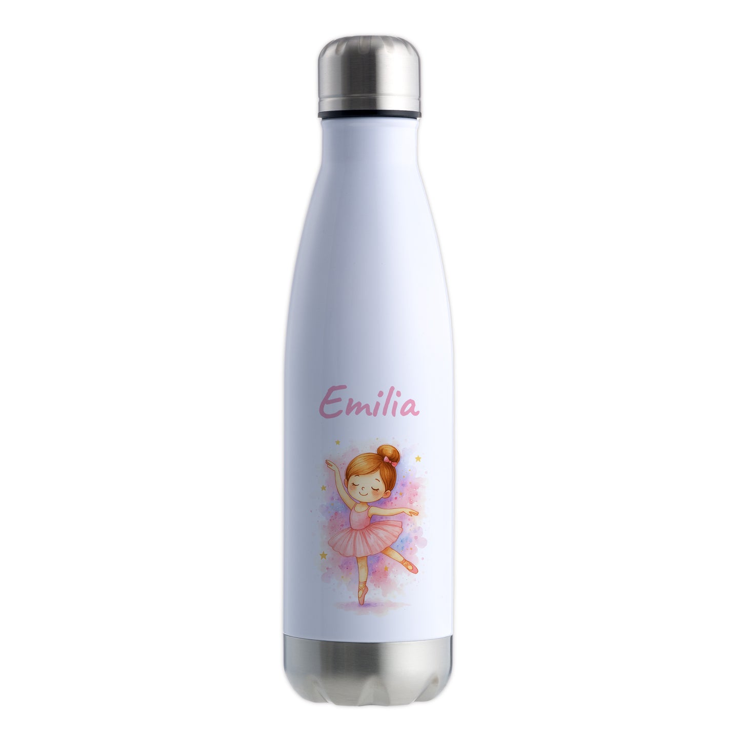 Thermoflasche 500ml in Weiß/Silber bedruckt mit tollen Motiven für Kinder "Ballerina" personalisierbar mit Wunschname