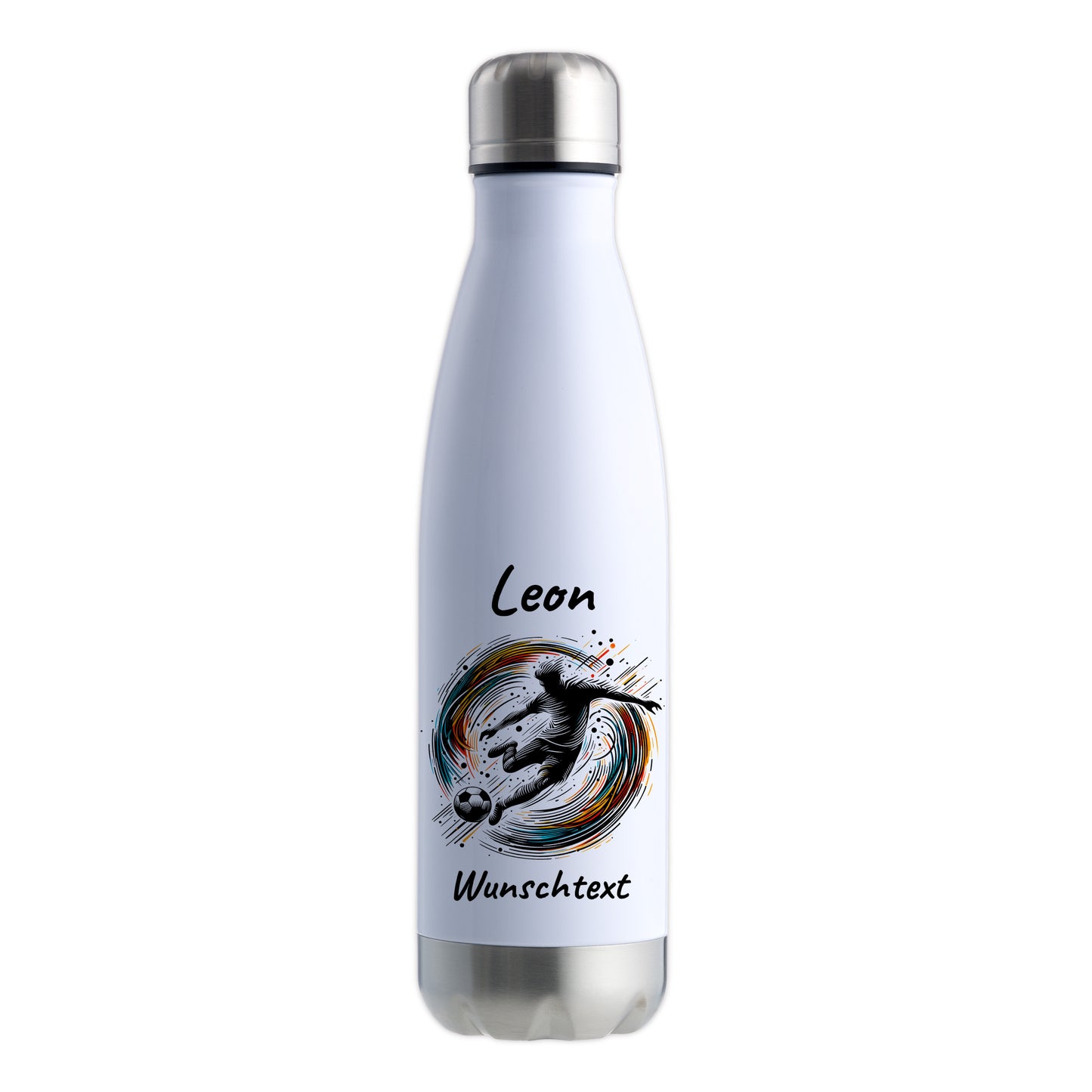 Thermoflasche 500ml in Weiß/Silber aus Edelstahl bedruckt "Fußball" Motiv1 personalisierbar mit Wunschname & Text