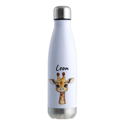 Trinkflasche in Weiß/Silber 500ml aus Edelstahl bedruckt mit niedlichen Tieren "Giraffe" personalisierbar für Kinder mit Wunschname