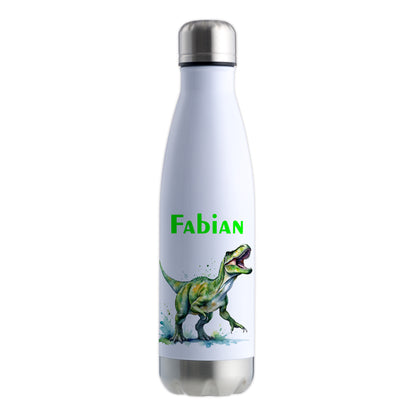 Thermoflasche 500ml in Weiß/Silber bedruckt mit tollen Motiven für Kinder "Dino T-Rex" personalisierbar mit Wunschname