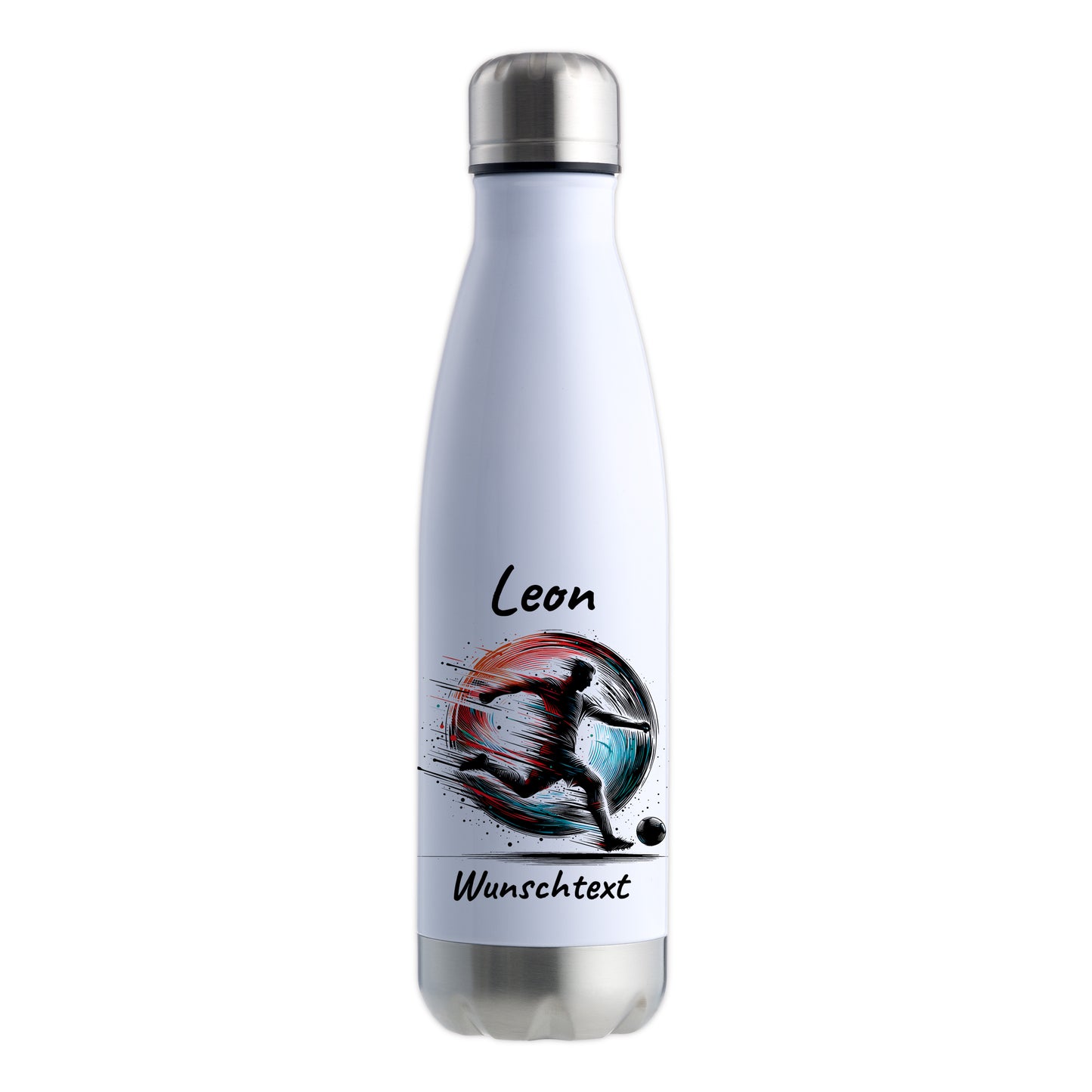 Thermoflasche 500ml in Weiß/Silber aus Edelstahl bedruckt "Fußball" Motiv3 personalisierbar mit Wunschname & Text