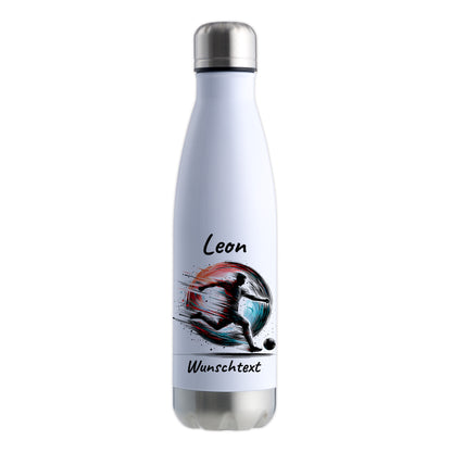 Thermoflasche 500ml in Weiß/Silber aus Edelstahl bedruckt "Fußball" Motiv3 personalisierbar mit Wunschname & Text
