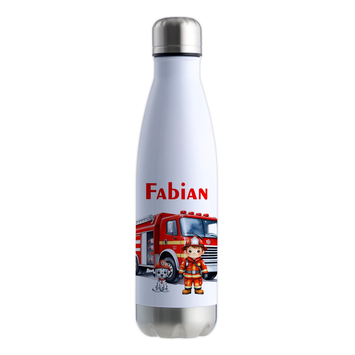 Thermoflasche 500ml in Weiß/Silber bedruckt mit tollen Motiven für Kinder "Feuerwehr" personalisierbar mit Wunschname