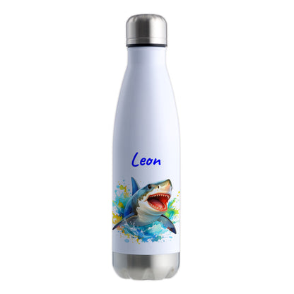 Thermoflasche 500ml in Weiß/Silber bedruckt mit tollen Motiven für Kinder "Hai" personalisierbar mit Wunschname