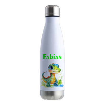 Thermoflasche 500ml in Weiß/Silber bedruckt mit tollen Motiven für Kinder "Dino Kinder" personalisierbar mit Wunschname