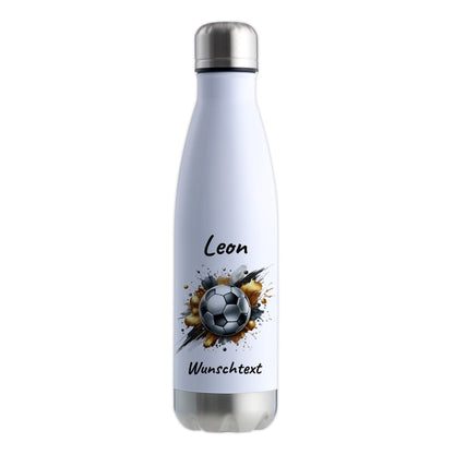 Thermoflasche 500ml in Weiß/Silber aus Edelstahl bedruckt "Fußball" Motiv13 personalisierbar mit Wunschname & Text