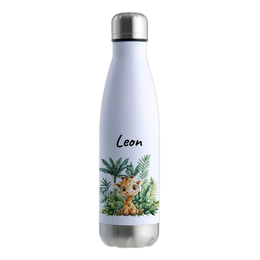 Trinkflasche in Weiß/Silber 500ml aus Edelstahl bedruckt mit Dschungel Tieren"Giraffe" personalisierbar für Kinder mit Wunschname