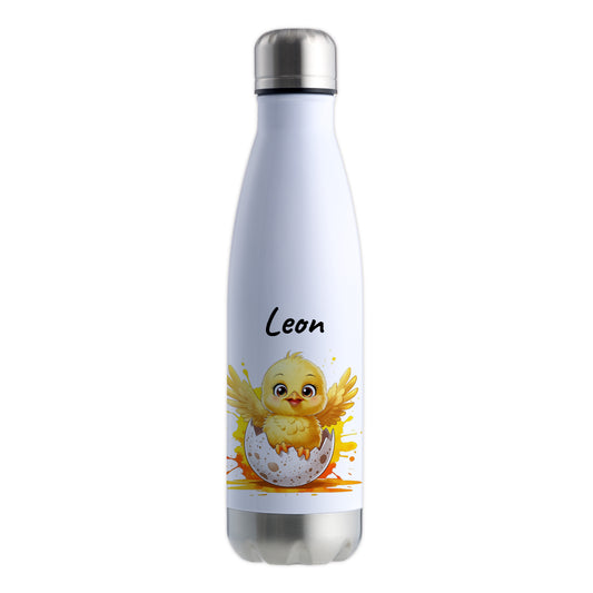 Trinkflasche in Weiß/Silber 500ml aus Edelstahl bedruckt mit niedlichen Tieren "Küken" personalisierbar für Kinder mit Wunschname