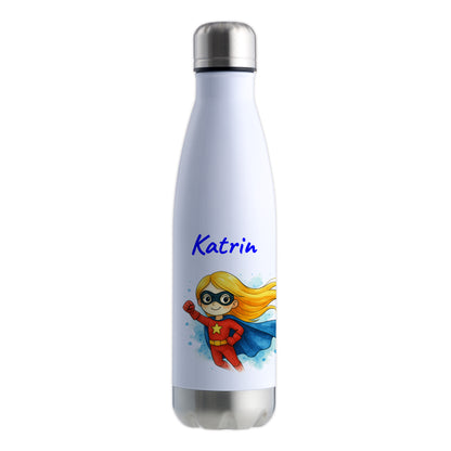 Thermoflasche 500ml in Weiß/Silber bedruckt mit tollen Motiven für Kinder "Superheldin" personalisierbar mit Wunschname