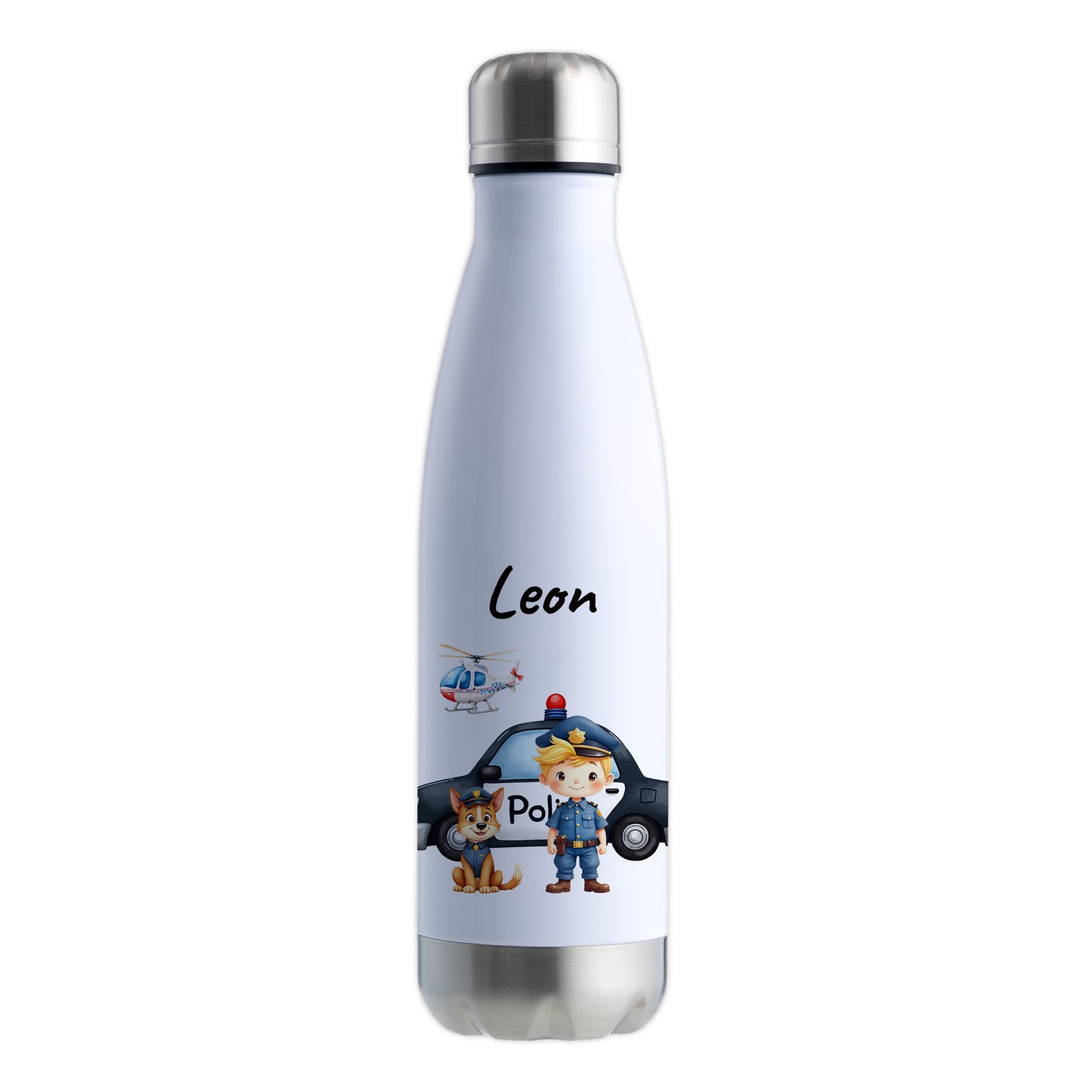 Thermoflasche 500ml in Weiß/Silber bedruckt mit tollen Motiven für Kinder "Polizei" personalisierbar mit Wunschname