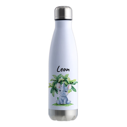 Trinkflasche in Weiß/Silber 500ml aus Edelstahl bedruckt mit Dschungel Tieren"Nashorn" personalisierbar für Kinder mit Wunschname