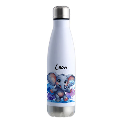 Trinkflasche in Weiß/Silber 500ml aus Edelstahl bedruckt mit niedlichen Tieren "Elefant" personalisierbar für Kinder mit Wunschname