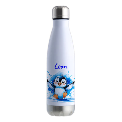 Trinkflasche in Weiß/Silber 500ml aus Edelstahl bedruckt mit niedlichen Tieren "Pinguin" personalisierbar für Kinder mit Wunschname