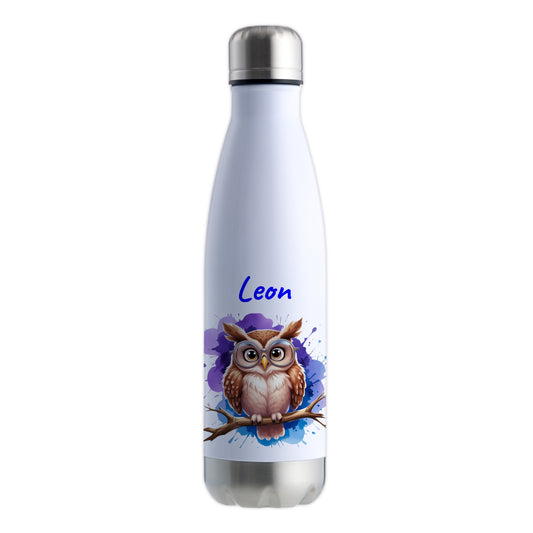 Trinkflasche in Weiß/Silber 500ml aus Edelstahl bedruckt mit niedlichen Tieren "Eule" personalisierbar für Kinder mit Wunschname
