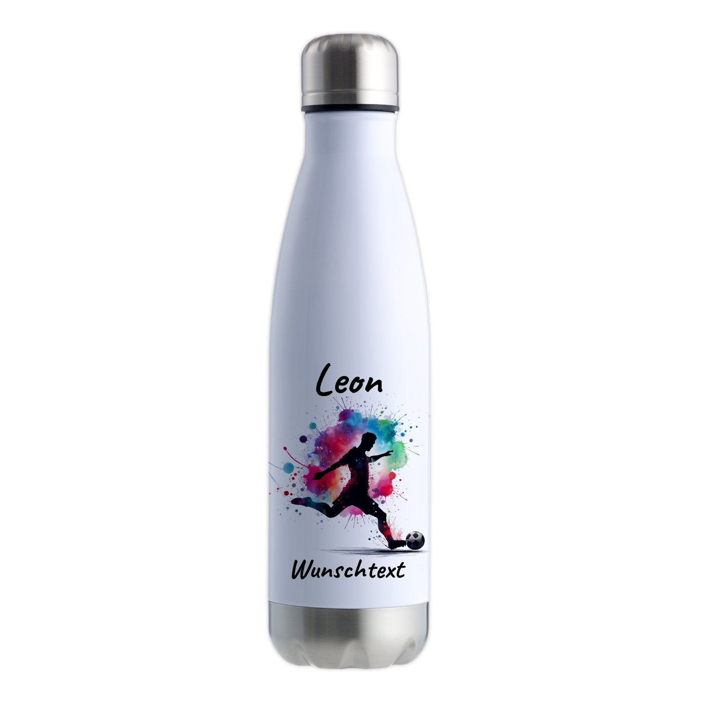 Thermoflasche 500ml in Weiß/Silber aus Edelstahl bedruckt "Fußball" Motiv4 personalisierbar mit Wunschname & Text
