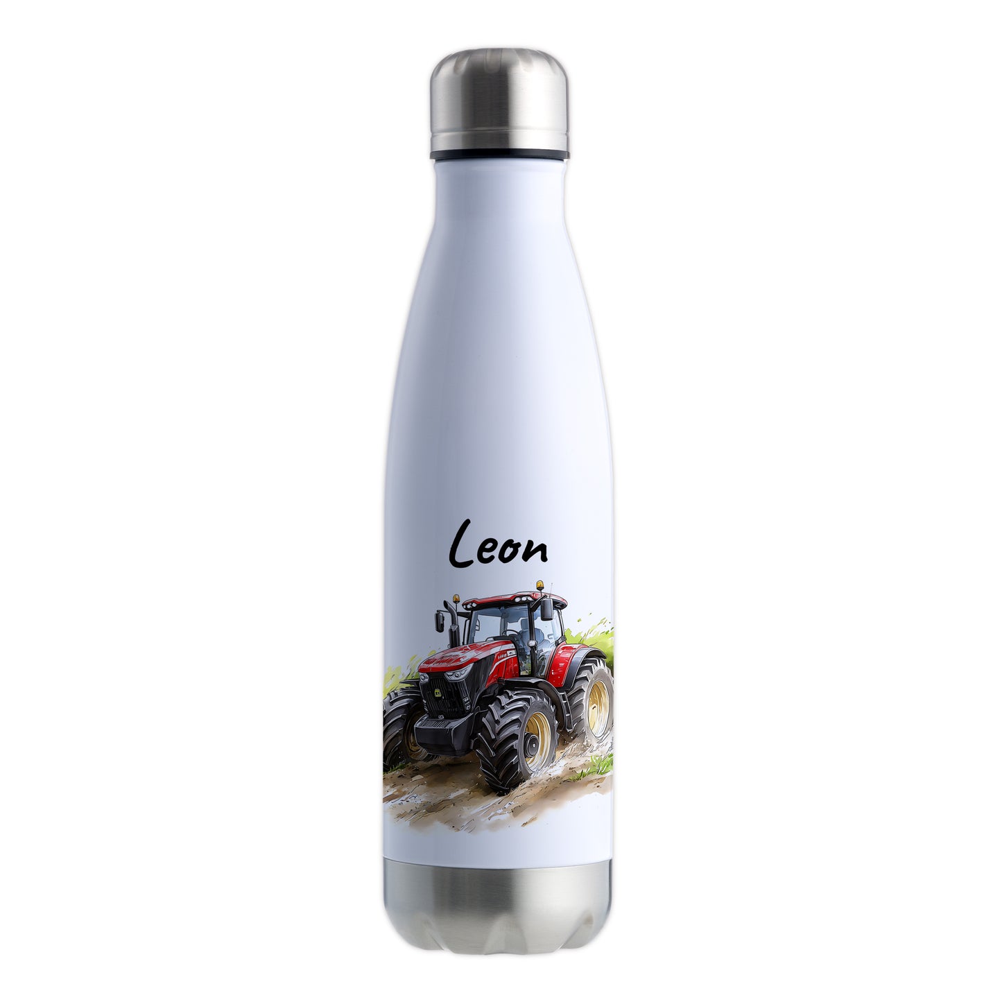 Thermoflasche 500ml in Weiß/Silber bedruckt mit tollen Motiven für Kinder "Traktor" personalisierbar mit Wunschname
