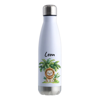Trinkflasche in Weiß/Silber 500ml aus Edelstahl bedruckt mit Dschungel Tieren"Löwe" personalisierbar für Kinder mit Wunschname