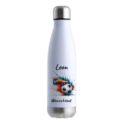 Thermoflasche 500ml in Weiß/Silber aus Edelstahl bedruckt "Fußball" Motiv6 personalisierbar mit Wunschname & Text