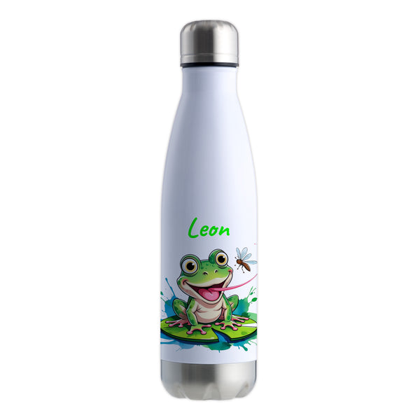Trinkflasche in Weiß/Silber 500ml aus Edelstahl bedruckt mit niedlichen Tieren "Frosch" personalisierbar für Kinder mit Wunschname