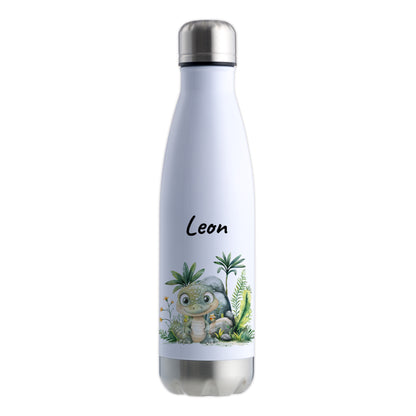 Trinkflasche in Weiß/Silber 500ml aus Edelstahl bedruckt mit Dschungel Tieren"Krokodil" personalisierbar für Kinder mit Wunschname