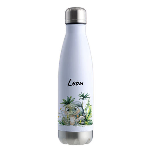 Trinkflasche in Weiß/Silber 500ml aus Edelstahl bedruckt mit Dschungel Tieren"Krokodil" personalisierbar für Kinder mit Wunschname